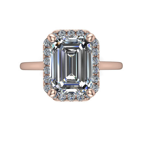 Florence emerald halo engagement ring in 14K Rose Gold, top-down view showing the step-cut emerald center diamond framed by a slim pave halo