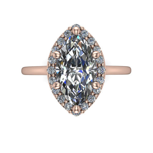 Florence marquise halo engagement ring in 18K Rose Gold, top-down view showing the brilliant marquise center diamond framed by a slim pave halo