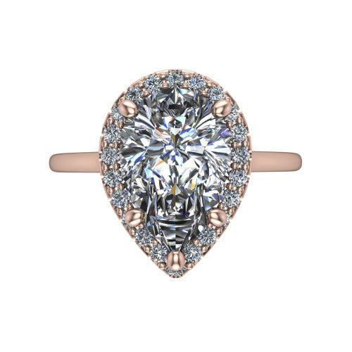 Florence pear halo engagement ring in 18K Rose Gold, top-down view showing the brilliant pear-cut center diamond framed by a slim pave halo