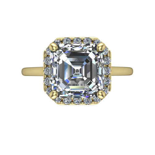 Florence square emerald halo engagement ring in 14K Yellow Gold, top-down view showing the step-cut square emerald center diamond framed by a slim pave halo