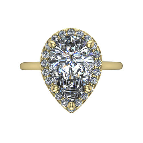 Florence pear halo engagement ring in 18K Yellow Gold, top-down view showing the brilliant pear-cut center diamond framed by a slim pave halo