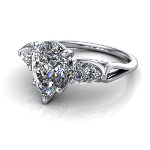 Journee pear three stone engagement ring in 14K White Gold, three-quarter perspective showing the brilliant pear-cut center diamond flanked by two pear side diamonds set sideways on tapered cathedral shoulders