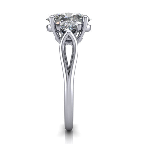 Journee oval three stone engagement ring in 14K White Gold, side profile showing the split-V gallery, tapered cathedral shoulders, and polished band