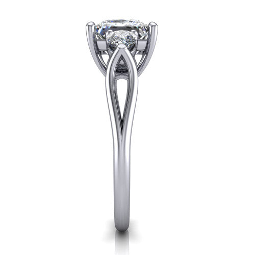 Journee princess three stone engagement ring in 18K White Gold, side profile showing the split-V gallery, tapered cathedral shoulders, and polished band