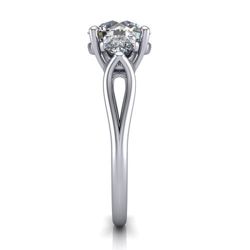 Journee round three stone engagement ring in Platinum, side profile showing the split-V gallery, tapered cathedral shoulders, and polished band