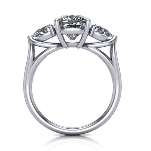 Journee cushion three stone engagement ring in Platinum, through-finger front profile showing the three-stone head and split-V under-gallery