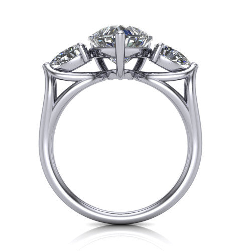 Journee heart three stone engagement ring in 14K White Gold, through-finger front profile showing the three-stone head and split-V under-gallery