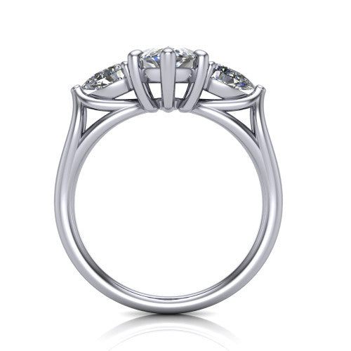 Journee marquise three stone engagement ring in Platinum, through-finger front profile showing the three-stone head and split-V under-gallery