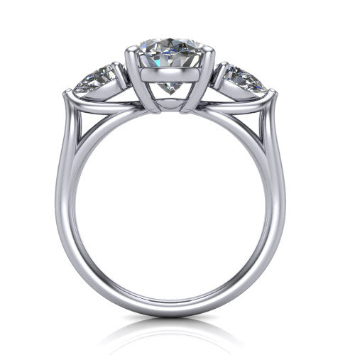 Journee oval three stone engagement ring in Platinum, through-finger front profile showing the three-stone head and split-V under-gallery