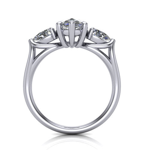 Journee pear three stone engagement ring in Platinum, through-finger front profile showing the three-stone head and split-V under-gallery