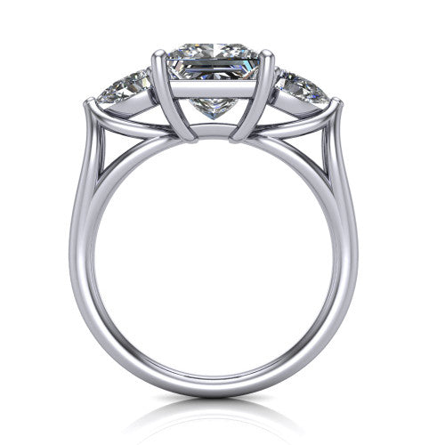 Journee princess three stone engagement ring in Platinum, through-finger front profile showing the three-stone head and split-V under-gallery