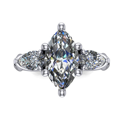 Journee marquise three stone engagement ring in 18K White Gold, top-down view showing the brilliant marquise center diamond with two pear side diamonds pointing outward