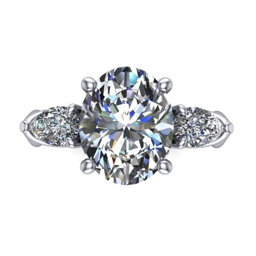 Journee oval three stone engagement ring in 18K White Gold, top-down view showing the brilliant oval center diamond with two pear side diamonds pointing outward