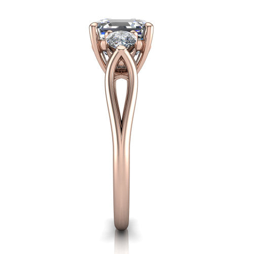 Journee square emerald three stone engagement ring in 14K Rose Gold, side profile showing the split-V gallery, tapered cathedral shoulders, and polished band
