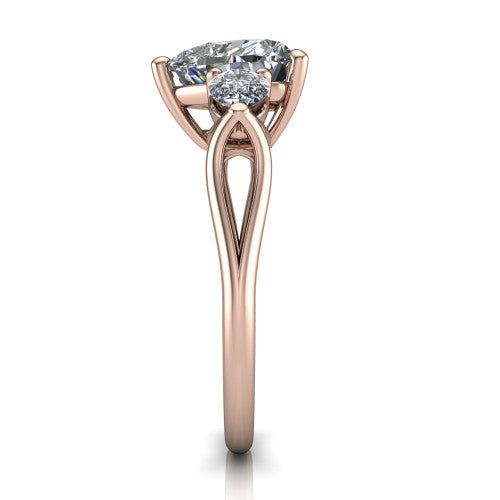 Journee heart three stone engagement ring in 18K Rose Gold, side profile showing the split-V gallery, tapered cathedral shoulders, and polished band
