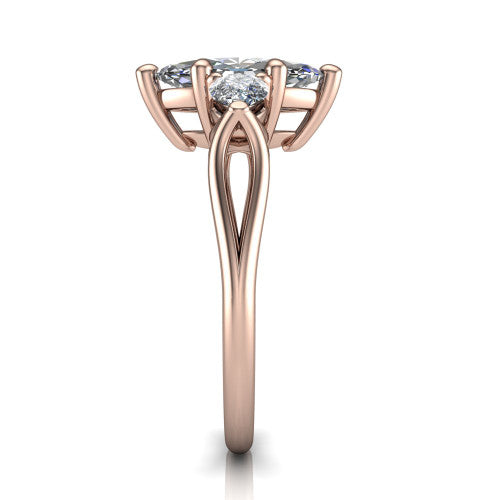 Journee marquise three stone engagement ring in 14K Rose Gold, side profile showing the split-V gallery, tapered cathedral shoulders, and polished band