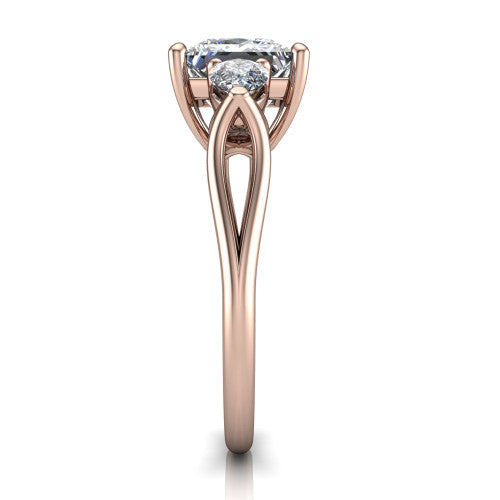 Journee princess three stone engagement ring in 18K Rose Gold, side profile showing the split-V gallery, tapered cathedral shoulders, and polished band