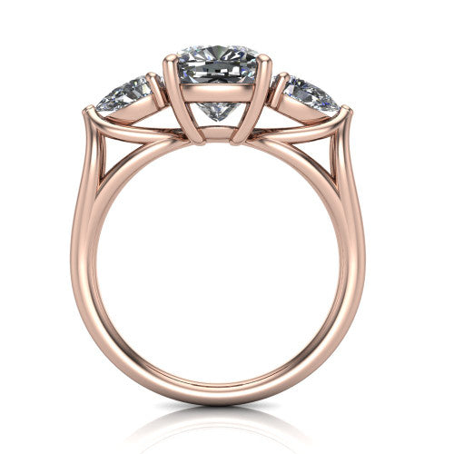 Journee cushion three stone engagement ring in 14K Rose Gold, through-finger front profile showing the three-stone head and split-V under-gallery