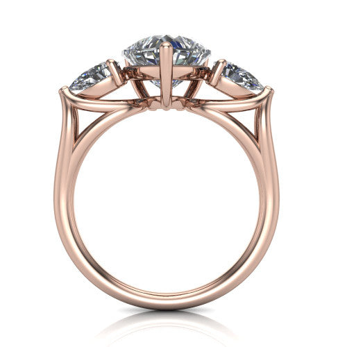 Journee heart three stone engagement ring in 18K Rose Gold, through-finger front profile showing the three-stone head and split-V under-gallery