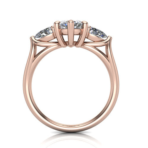 Journee marquise three stone engagement ring in 14K Rose Gold, through-finger front profile showing the three-stone head and split-V under-gallery