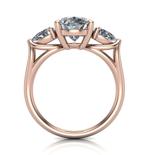 Journee oval three stone engagement ring in 14K Rose Gold, through-finger front profile showing the three-stone head and split-V under-gallery