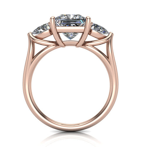 Journee princess three stone engagement ring in 18K Rose Gold, through-finger front profile showing the three-stone head and split-V under-gallery