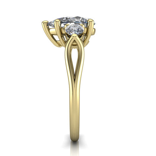 Journee pear three stone engagement ring in 18K Yellow Gold, side profile showing the split-V gallery, tapered cathedral shoulders, and polished band