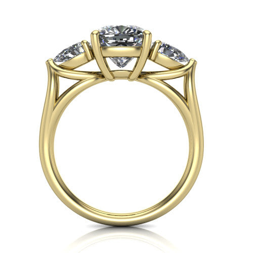 Journee cushion three stone engagement ring in 18K Yellow Gold, through-finger front profile showing the three-stone head and split-V under-gallery