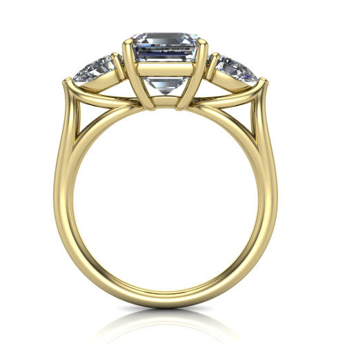 Journee square emerald three stone engagement ring in 14K Yellow Gold, through-finger front profile showing the three-stone head and split-V under-gallery