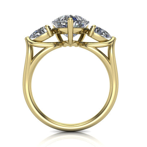 Journee heart three stone engagement ring in 18K Yellow Gold, through-finger front profile showing the three-stone head and split-V under-gallery