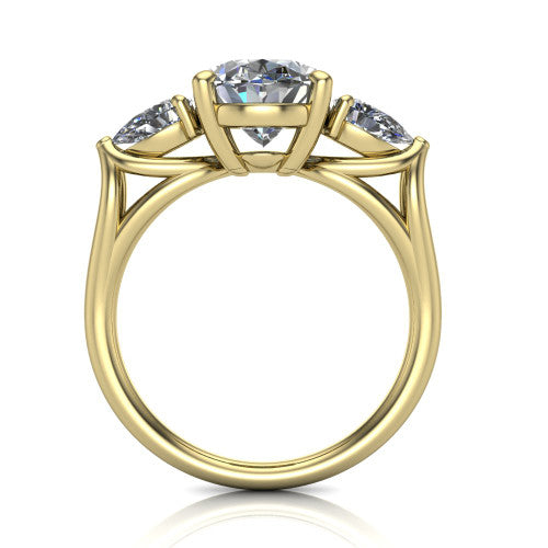 Journee oval three stone engagement ring in 14K Yellow Gold, through-finger front profile showing the three-stone head and split-V under-gallery