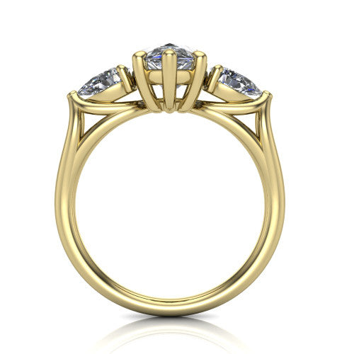 Journee pear three stone engagement ring in 18K Yellow Gold, through-finger front profile showing the three-stone head and split-V under-gallery