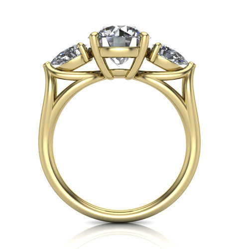Journee round three stone engagement ring in 18K Yellow Gold, through-finger front profile showing the three-stone head and split-V under-gallery