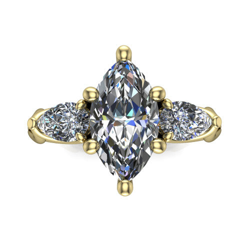 Journee marquise three stone engagement ring in 18K Yellow Gold, top-down view showing the brilliant marquise center diamond with two pear side diamonds pointing outward