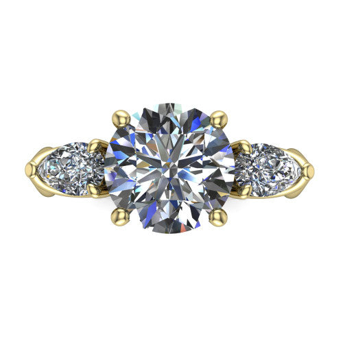 Journee round three stone engagement ring in 18K Yellow Gold, top-down view showing the brilliant round center diamond with two pear side diamonds pointing outward