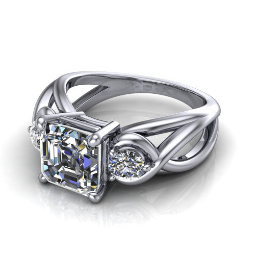 Ottilie square emerald three stone engagement ring in Platinum, three-quarter perspective showing the step-cut square emerald center diamond flanked by two round side diamonds on a braided ribbon shank