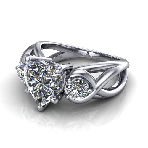 Ottilie heart three stone engagement ring in 14K White Gold, three-quarter perspective showing the brilliant heart-shaped center diamond flanked by two round side diamonds on a braided ribbon shank