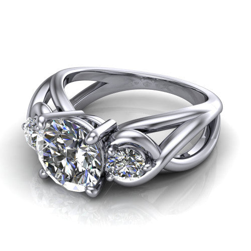 Ottilie round three stone engagement ring in 18K White Gold, three-quarter perspective showing the brilliant round center diamond flanked by two round side diamonds on a braided ribbon shank