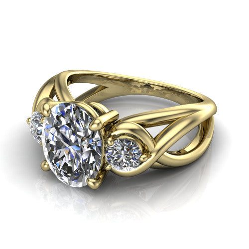 Ottilie oval three stone engagement ring in 14K Yellow Gold, three-quarter perspective showing the brilliant oval center diamond flanked by two round side diamonds on a braided ribbon shank