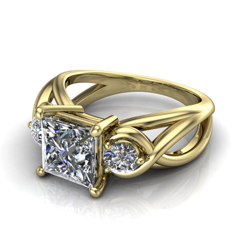 Ottilie princess three stone engagement ring in 14K Yellow Gold, three-quarter perspective showing the brilliant princess-cut center diamond flanked by two round side diamonds on a braided ribbon shank