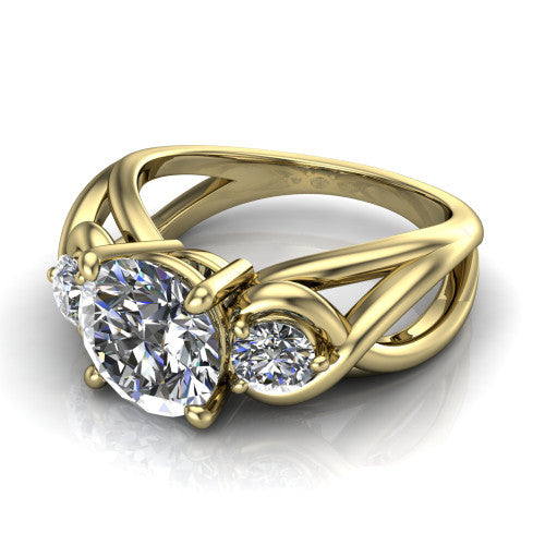 Ottilie round three stone engagement ring in 14K Yellow Gold, three-quarter perspective showing the brilliant round center diamond flanked by two round side diamonds on a braided ribbon shank