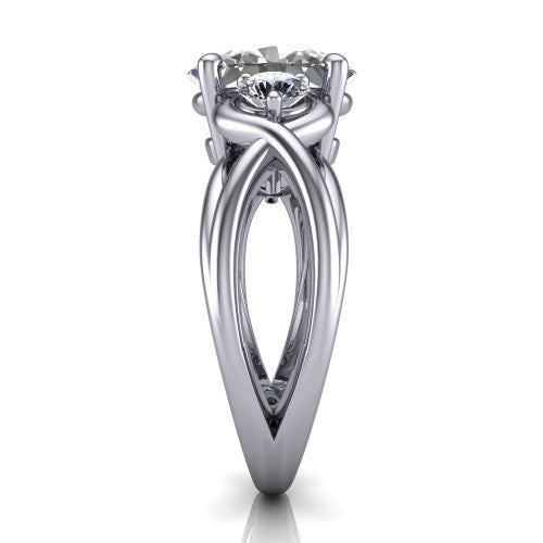 Ottilie oval three stone engagement ring in 14K White Gold, side profile showing the braided ribbon shank with multiple bands twisting beneath the head