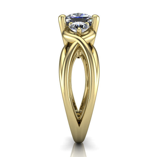 Ottilie cushion three stone engagement ring in 18K Yellow Gold, side profile showing the braided ribbon shank with multiple bands twisting beneath the head
