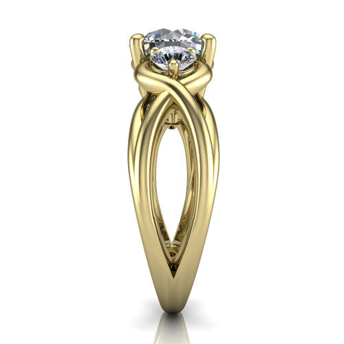 Ottilie round three stone engagement ring in 14K Yellow Gold, side profile showing the braided ribbon shank with multiple bands twisting beneath the head
