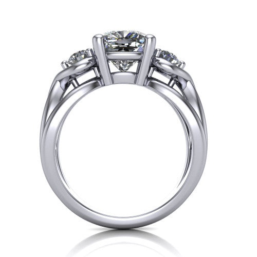 Ottilie cushion three stone engagement ring in 14K White Gold, through-finger front profile showing the three-stone head and sculpted scroll basket