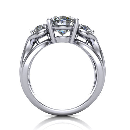 Ottilie oval three stone engagement ring in 14K White Gold, through-finger front profile showing the three-stone head and sculpted scroll basket