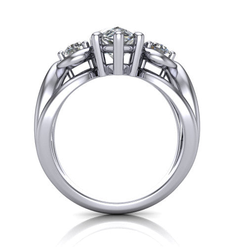 Ottilie pear three stone engagement ring in 18K White Gold, through-finger front profile showing the three-stone head and sculpted scroll basket
