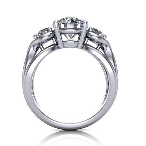 Ottilie round three stone engagement ring in 18K White Gold, through-finger front profile showing the three-stone head and sculpted scroll basket