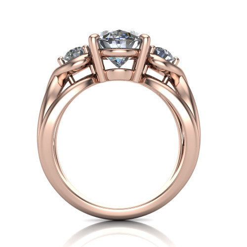 Ottilie oval three stone engagement ring in 18K Rose Gold, through-finger front profile showing the three-stone head and sculpted scroll basket