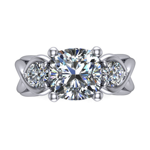 Ottilie cushion three stone engagement ring in 14K White Gold, top-down view showing the brilliant cushion-cut center diamond with two matched round side diamonds